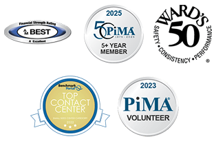 Logos for AM Best Rating, PiMA Sponsor, Wards 50 and Benchmark Portal