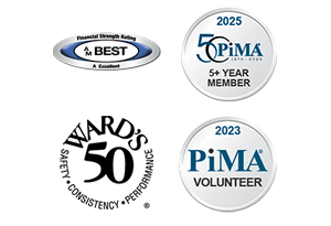 Logos for AM Best Rating, PiMA Sponsor, Wards 50 and Benchmark Portal